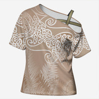 Aotearoa Maori Koru Curves Cross Shoulder Shirt Silver Ferns - Mocha LT7 Female Beige - Polynesian Pride