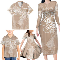 Aotearoa Maori Koru Curves Family Matching Long Sleeve Bodycon Dress and Hawaiian Shirt Silver Ferns - Mocha LT7 - Polynesian Pride