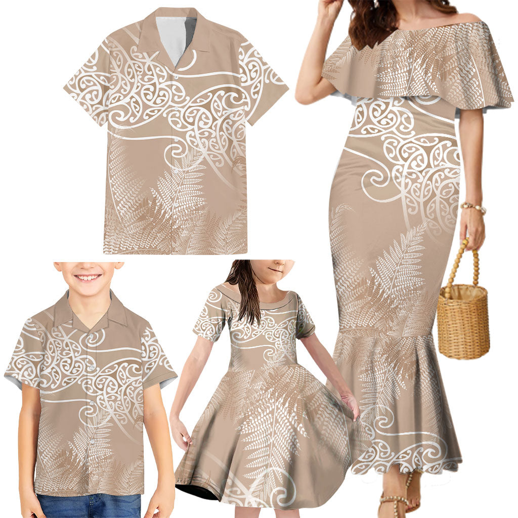 Aotearoa Maori Koru Curves Family Matching Mermaid Dress and Hawaiian Shirt Silver Ferns - Mocha