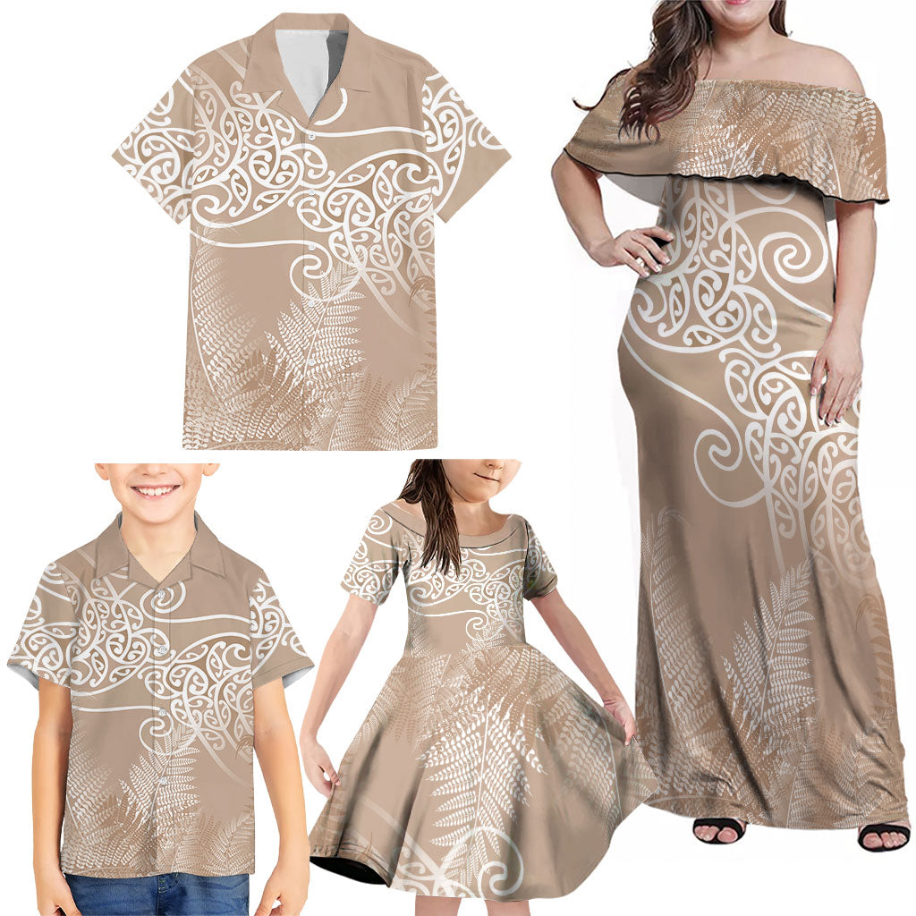 Aotearoa Maori Koru Curves Family Matching Off Shoulder Maxi Dress and Hawaiian Shirt Silver Ferns - Mocha LT7 - Polynesian Pride