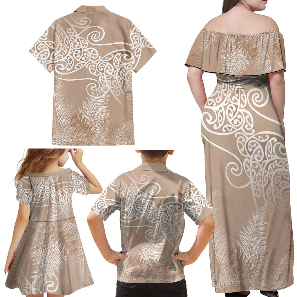 Aotearoa Maori Koru Curves Family Matching Off Shoulder Maxi Dress and Hawaiian Shirt Silver Ferns - Mocha LT7 - Polynesian Pride