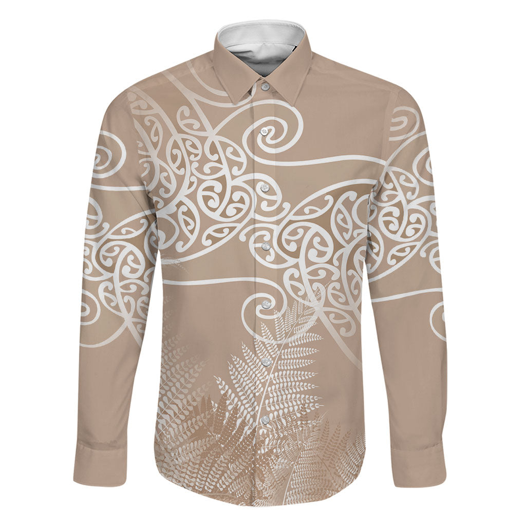 Aotearoa Maori Koru Curves Family Matching Off Shoulder Maxi Dress and Hawaiian Shirt Silver Ferns - Mocha LT7 Dad's Shirt - Long Sleeve Beige - Polynesian Pride