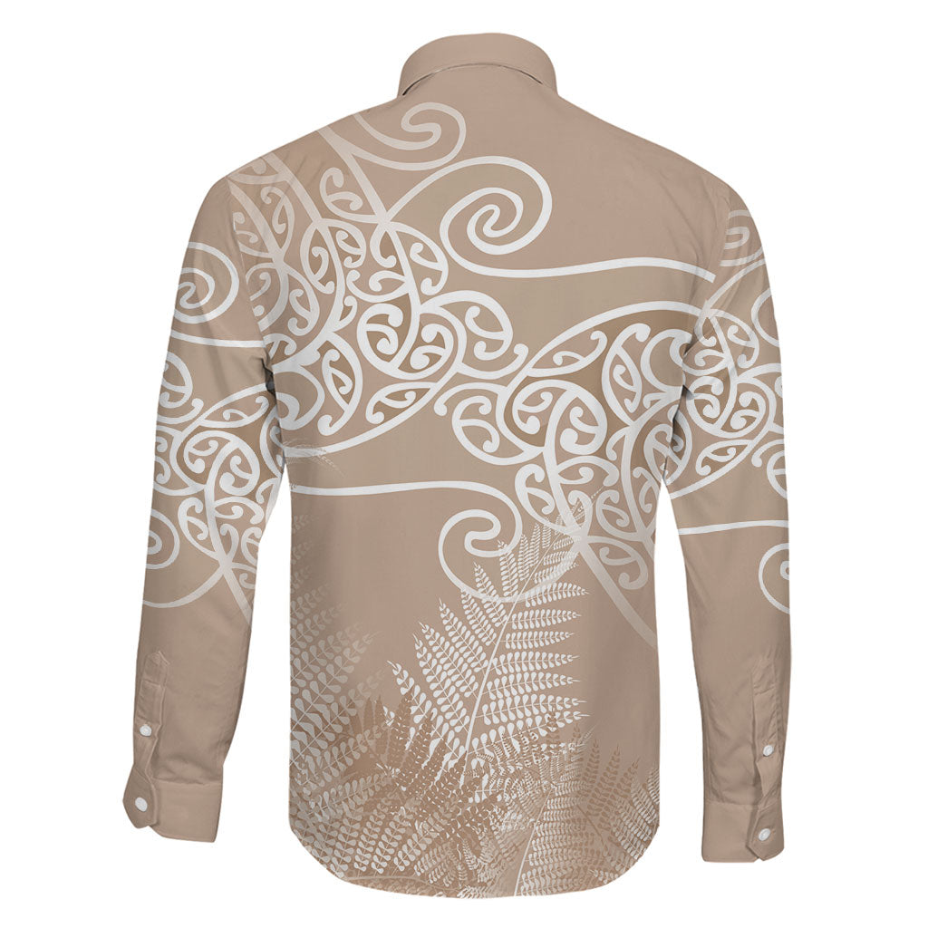 Aotearoa Maori Koru Curves Family Matching Off Shoulder Maxi Dress and Hawaiian Shirt Silver Ferns - Mocha LT7 - Polynesian Pride