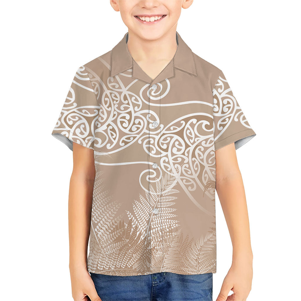 Aotearoa Maori Koru Curves Family Matching Off Shoulder Maxi Dress and Hawaiian Shirt Silver Ferns - Mocha LT7 Son's Shirt Beige - Polynesian Pride