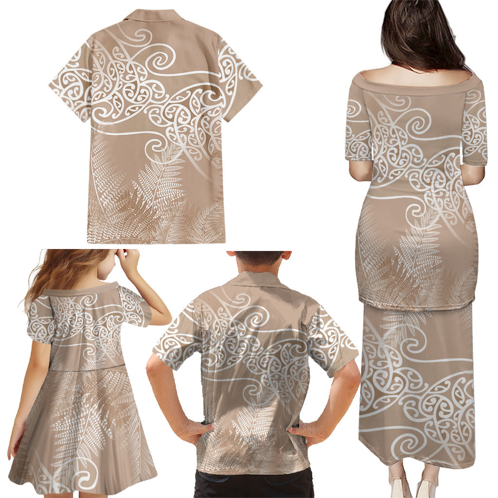 Aotearoa Maori Koru Curves Family Matching Puletasi and Hawaiian Shirt Silver Ferns - Mocha LT7 - Polynesian Pride