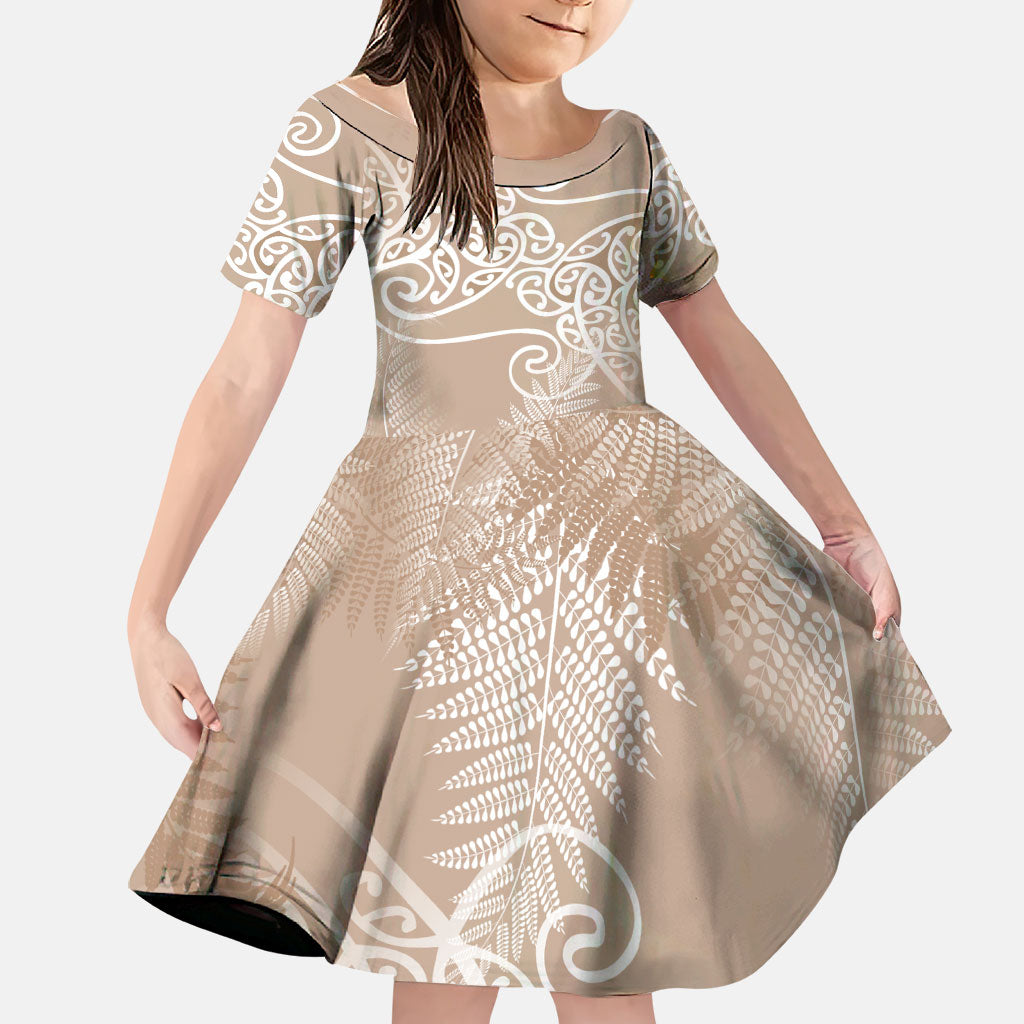Aotearoa Maori Koru Curves Family Matching Short Sleeve Bodycon Dress and Hawaiian Shirt Silver Ferns - Mocha LT7 Daughter's Dress Beige - Polynesian Pride