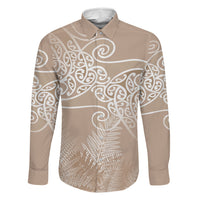 Aotearoa Maori Koru Curves Family Matching Short Sleeve Bodycon Dress and Hawaiian Shirt Silver Ferns - Mocha LT7 Dad's Shirt - Long Sleeve Beige - Polynesian Pride