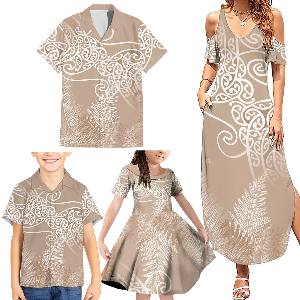 Aotearoa Maori Koru Curves Family Matching Summer Maxi Dress and Hawaiian Shirt Silver Ferns - Mocha
