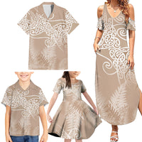 Aotearoa Maori Koru Curves Family Matching Summer Maxi Dress and Hawaiian Shirt Silver Ferns - Mocha LT7 - Polynesian Pride