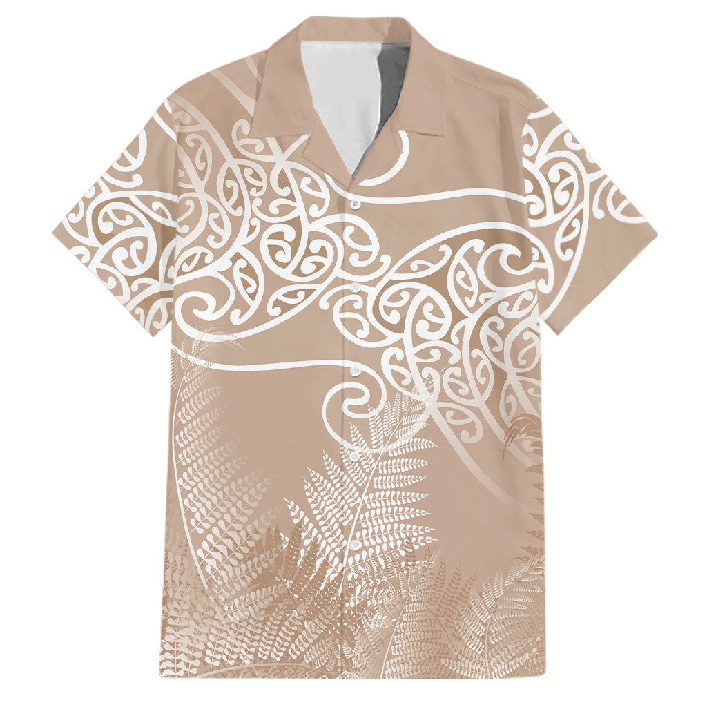 Aotearoa Maori Koru Curves Family Matching Summer Maxi Dress and Hawaiian Shirt Silver Ferns - Mocha LT7 Dad's Shirt - Short Sleeve Beige - Polynesian Pride