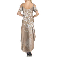 Aotearoa Maori Koru Curves Family Matching Summer Maxi Dress and Hawaiian Shirt Silver Ferns - Mocha LT7 - Polynesian Pride