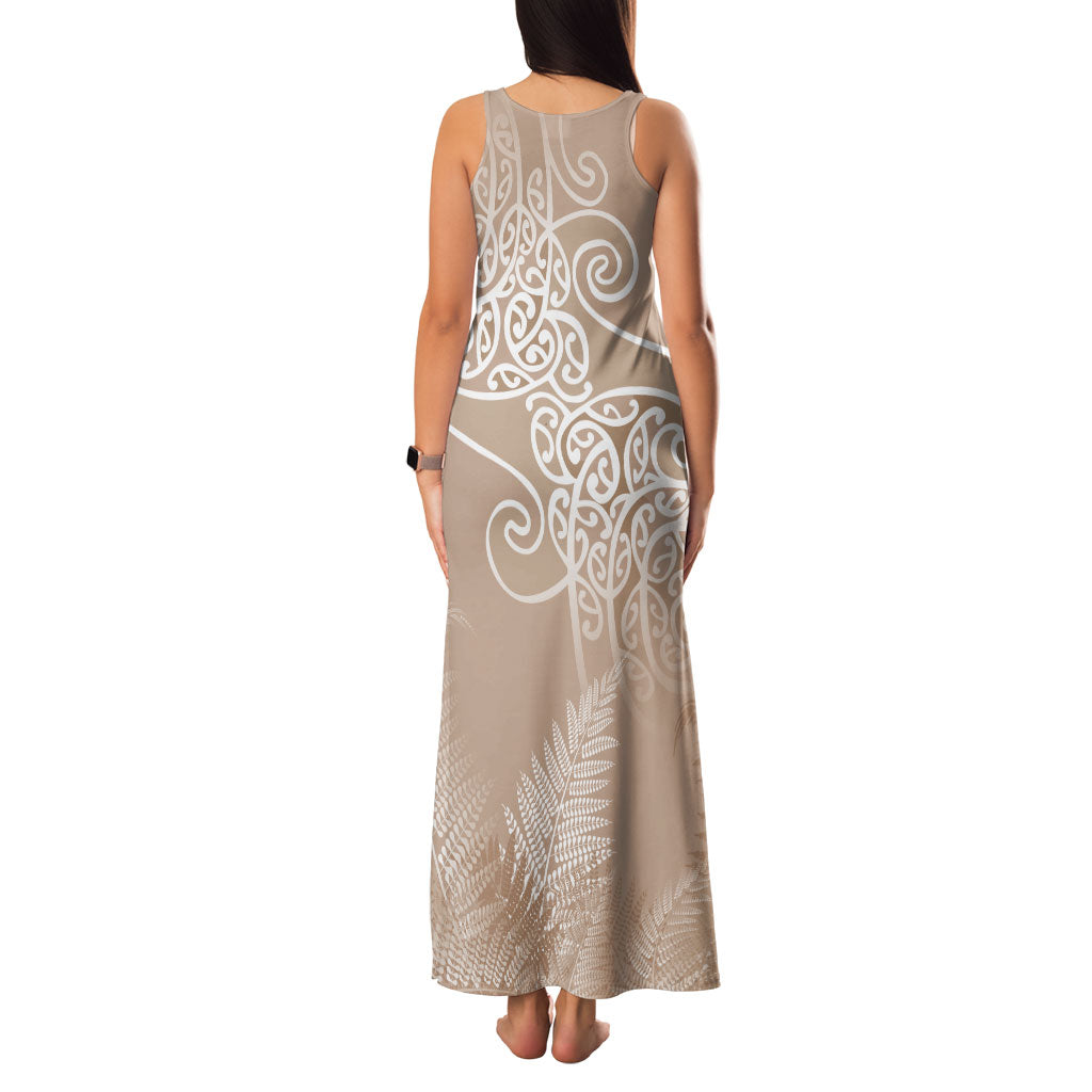 Aotearoa Maori Koru Curves Family Matching Tank Maxi Dress and Hawaiian Shirt Silver Ferns - Mocha LT7 - Polynesian Pride