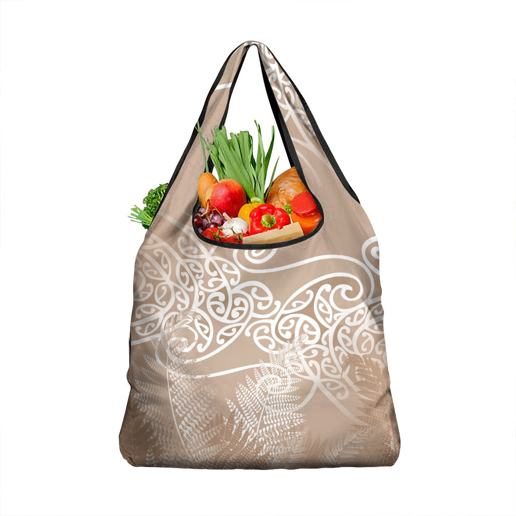 Aotearoa Maori Koru Curves Grocery Bag Silver Ferns - Mocha