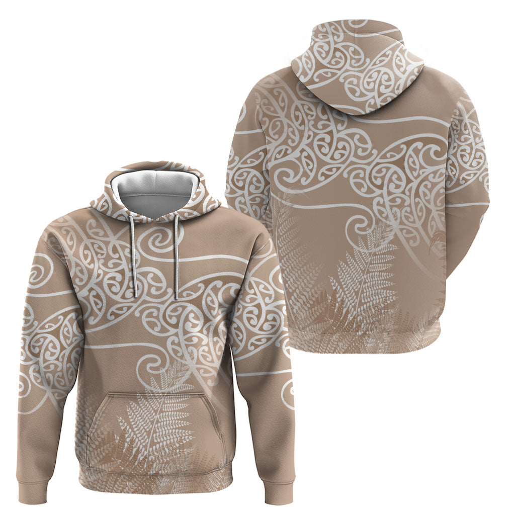 Aotearoa Maori Koru Curves Hoodie Silver Ferns - Mocha