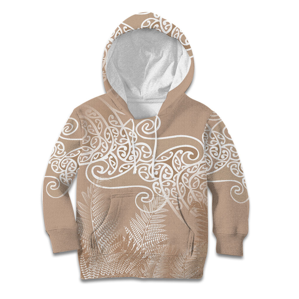 Aotearoa Maori Koru Curves Kid Hoodie Silver Ferns - Mocha LT7 Hoodie Beige - Polynesian Pride