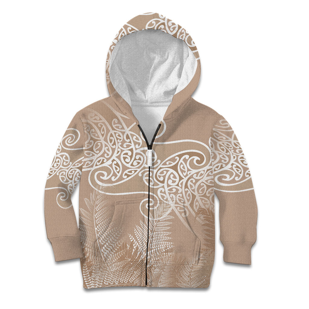 Aotearoa Maori Koru Curves Kid Hoodie Silver Ferns - Mocha LT7 Zip Hoodie Beige - Polynesian Pride