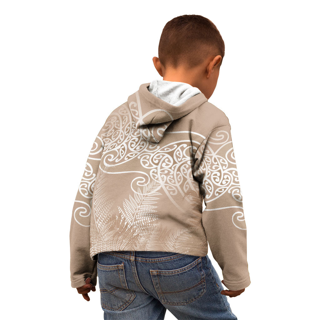 Aotearoa Maori Koru Curves Kid Hoodie Silver Ferns - Mocha LT7 - Polynesian Pride