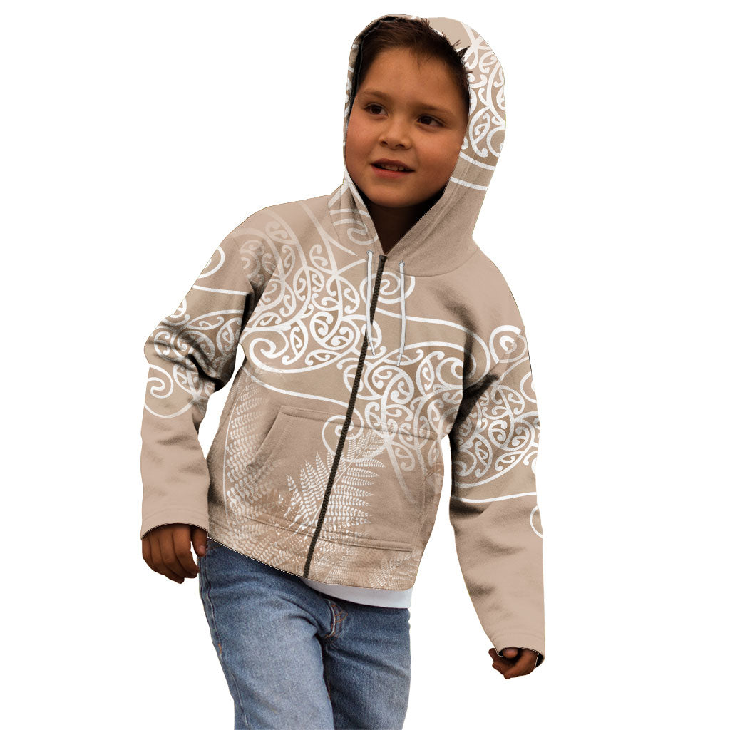 Aotearoa Maori Koru Curves Kid Hoodie Silver Ferns - Mocha LT7 - Polynesian Pride