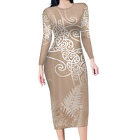 Aotearoa Maori Koru Curves Long Sleeve Bodycon Dress Silver Ferns - Mocha