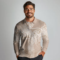 Aotearoa Maori Koru Curves Long Sleeve Polo Shirt Silver Ferns - Mocha