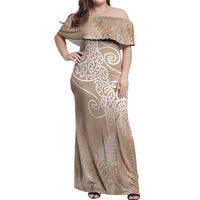 Aotearoa Maori Koru Curves Off Shoulder Maxi Dress Silver Ferns - Mocha LT7 Women Beige - Polynesian Pride