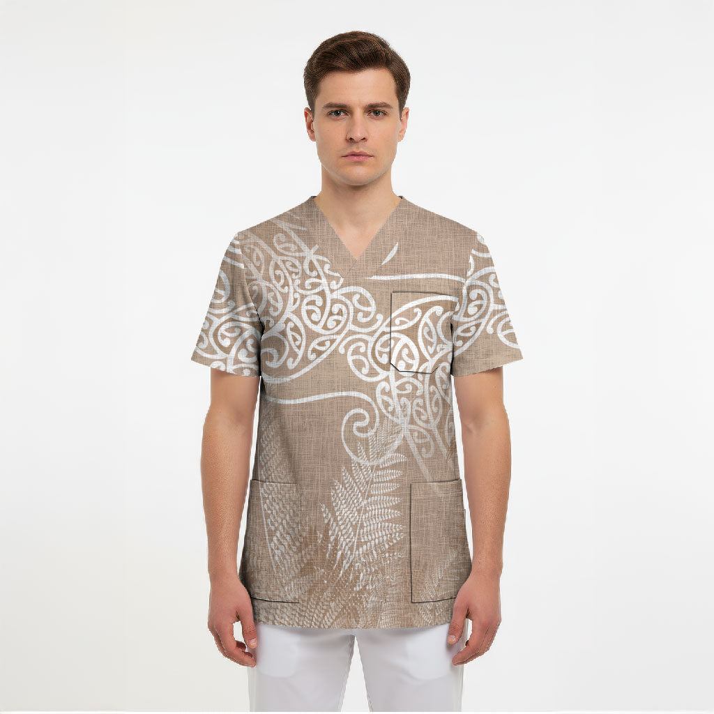 Aotearoa Maori Koru Curves Scrub Top Silver Ferns - Mocha LT7 - Polynesian Pride