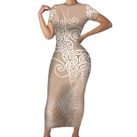 Aotearoa Maori Koru Curves Short Sleeve Bodycon Dress Silver Ferns - Mocha LT7 Long Dress Beige - Polynesian Pride