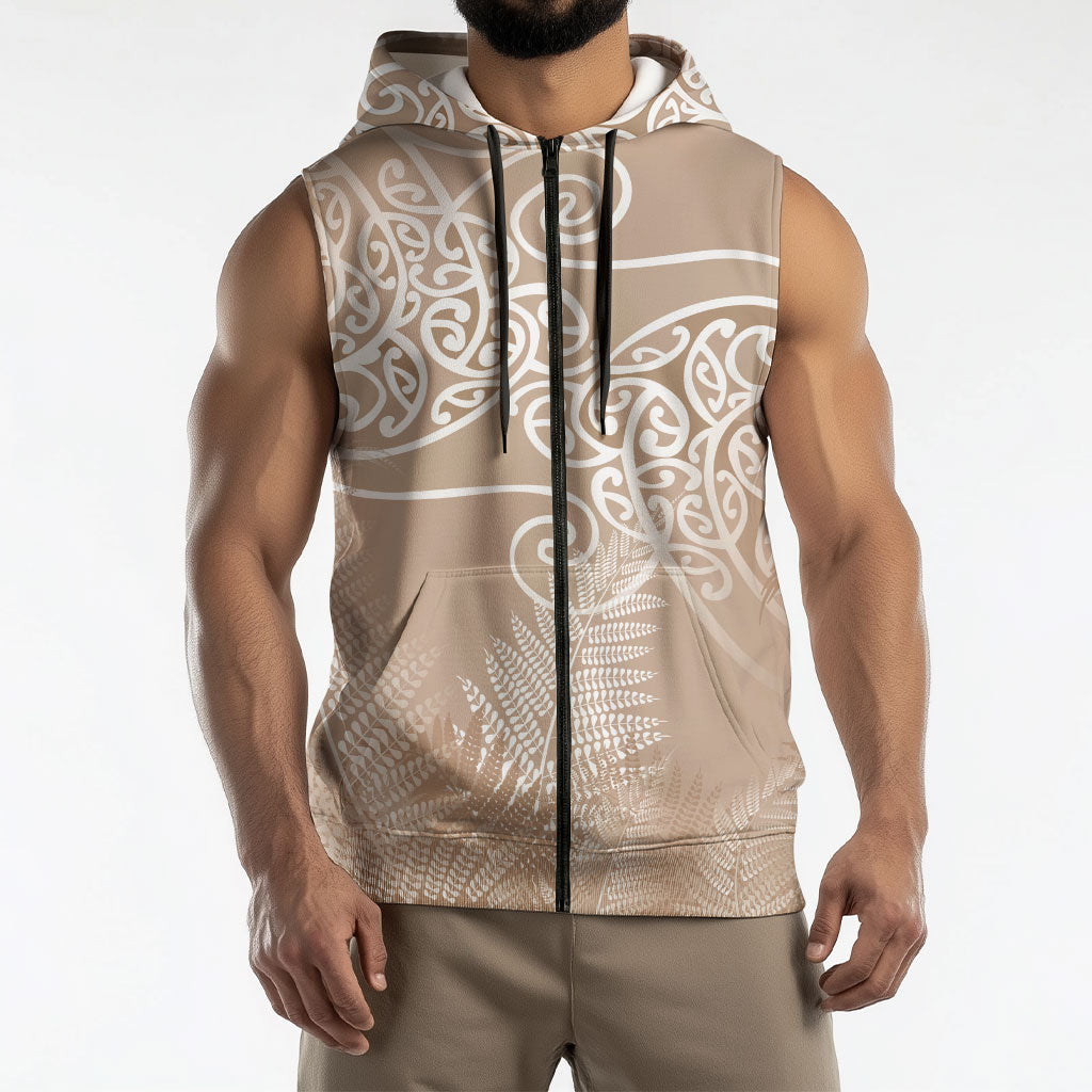 Aotearoa Maori Koru Curves Sleeveless Zip Hoodie Silver Ferns - Mocha LT7 - Polynesian Pride