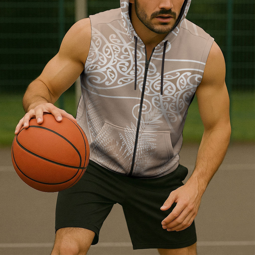 Aotearoa Maori Koru Curves Sleeveless Zip Hoodie Silver Ferns - Mocha LT7 - Polynesian Pride