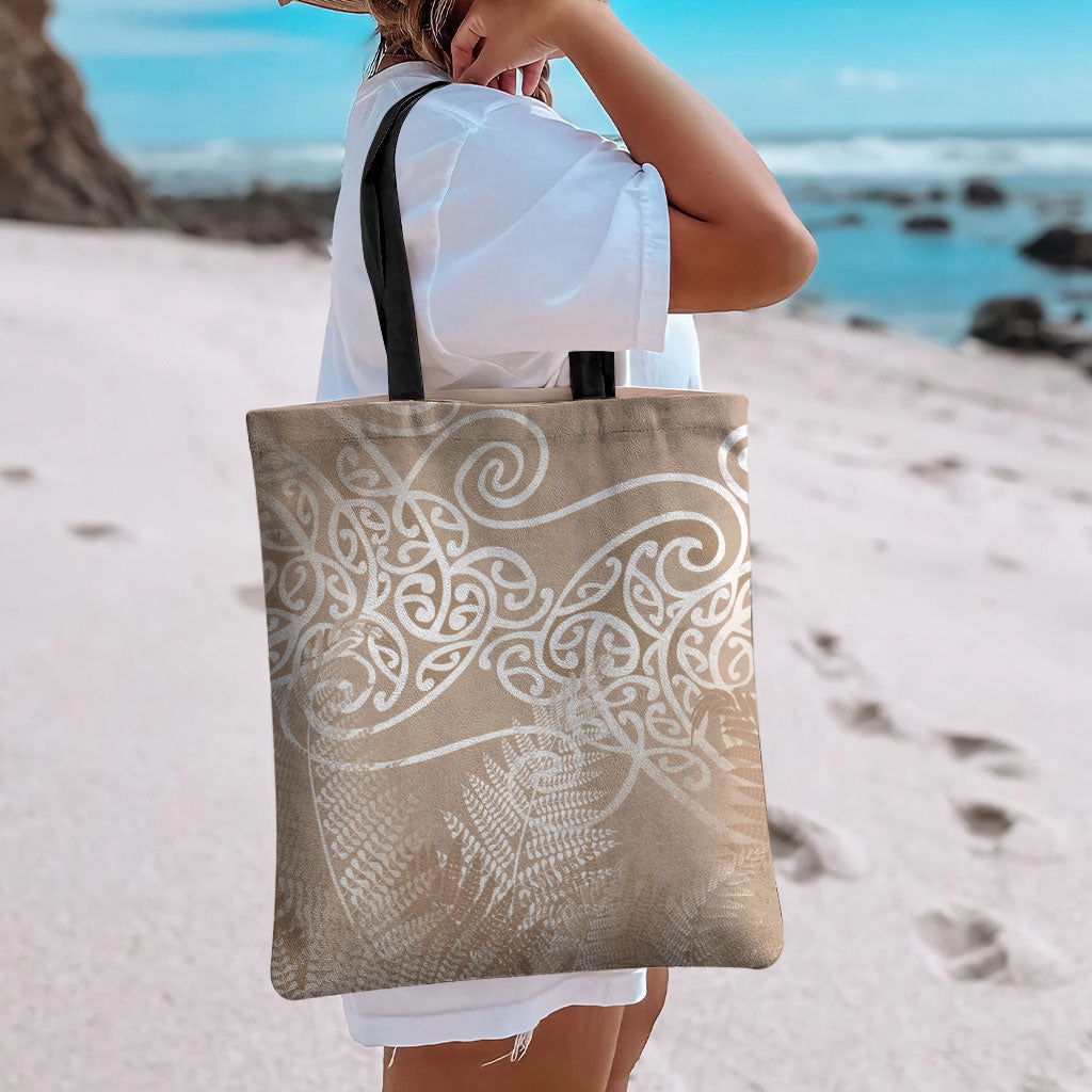 Aotearoa Maori Koru Curves Tote Bag Silver Ferns - Mocha