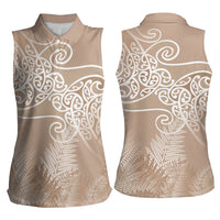 Aotearoa Maori Koru Curves Women Sleeveless Polo Shirt Silver Ferns - Mocha LT7 - Polynesian Pride