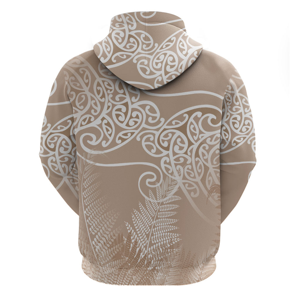 Aotearoa Maori Koru Curves Zip Hoodie Silver Ferns - Mocha