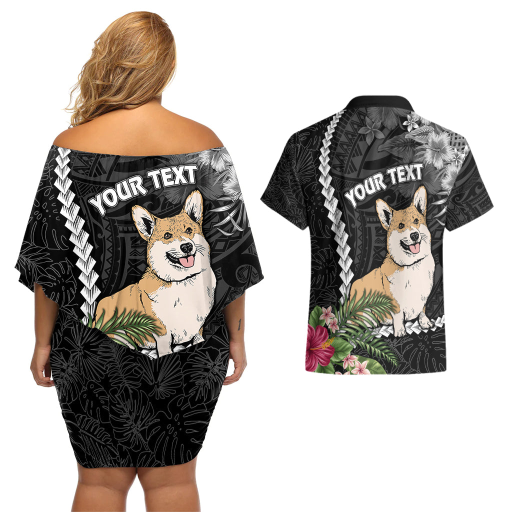 Personalised Polynesian Dog Couples Matching Off Shoulder Short Dress and Hawaiian Shirt Corgi Mix Tropical Flowers LT7 - Polynesian Pride
