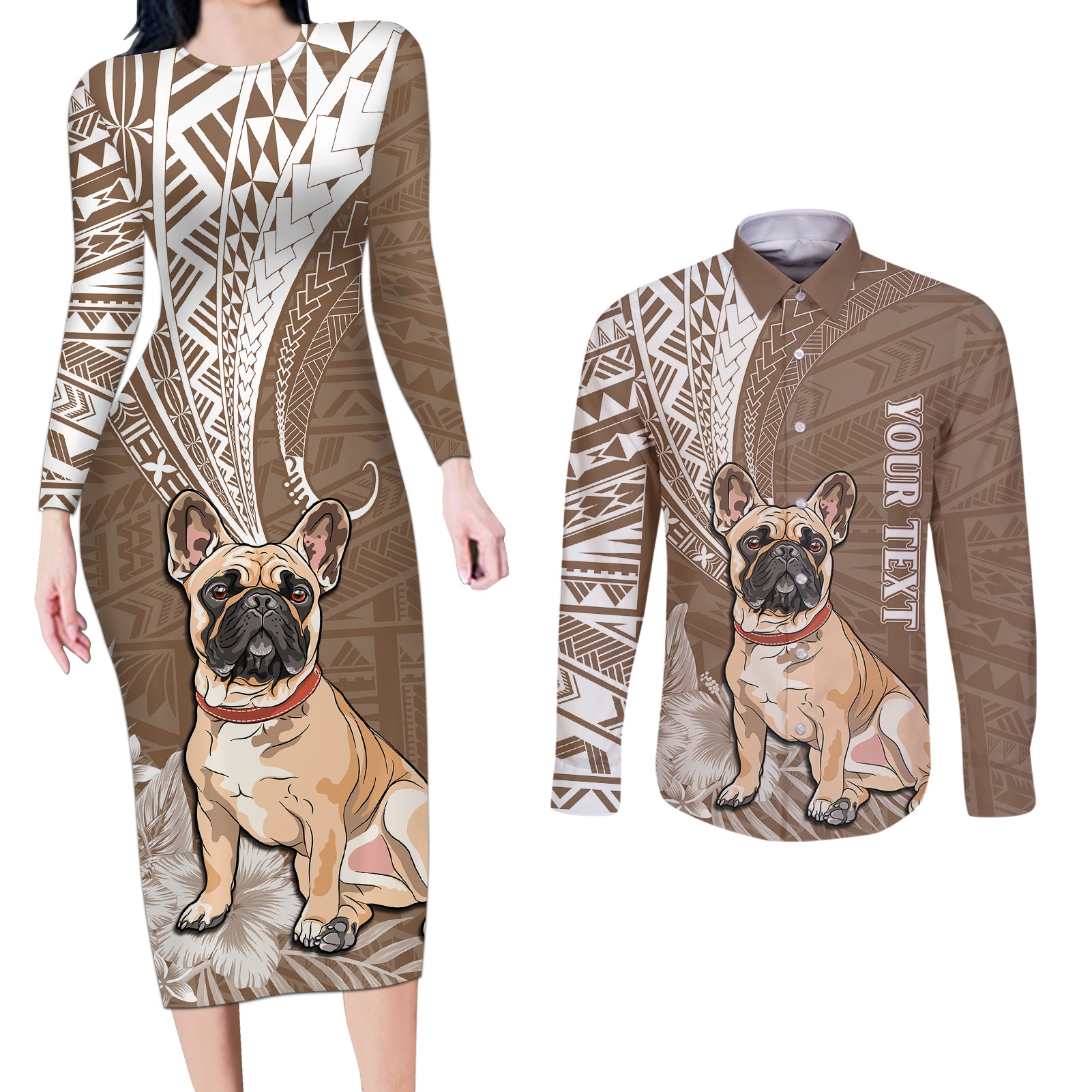 Personalised Polynesian Pacific Bulldog Couples Matching Long Sleeve Bodycon Dress and Long Sleeve Button Shirts With Brown Hawaii Tribal Tattoo Patterns LT7 Brown - Polynesian Pride