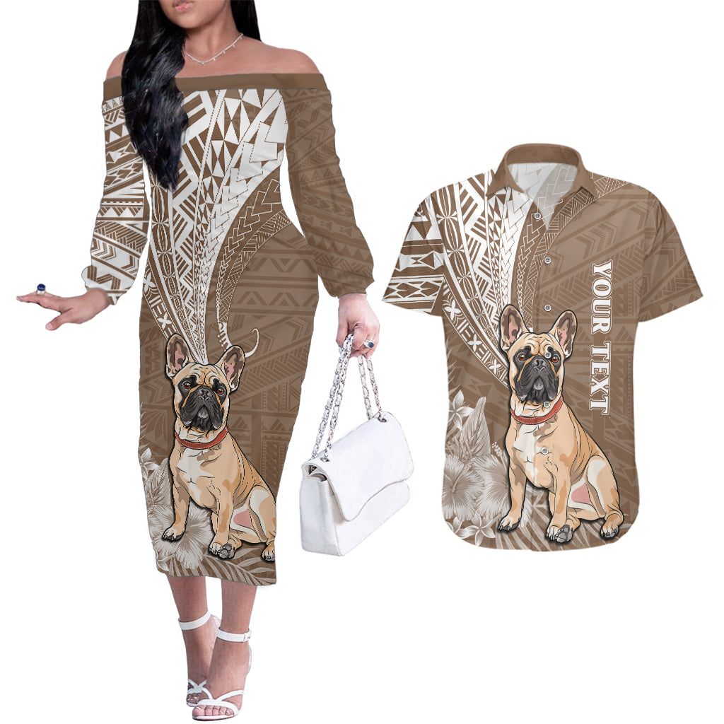 Personalised Polynesian Pacific Bulldog Couples Matching Off The Shoulder Long Sleeve Dress and Hawaiian Shirt With Brown Hawaii Tribal Tattoo Patterns LT7 Brown - Polynesian Pride