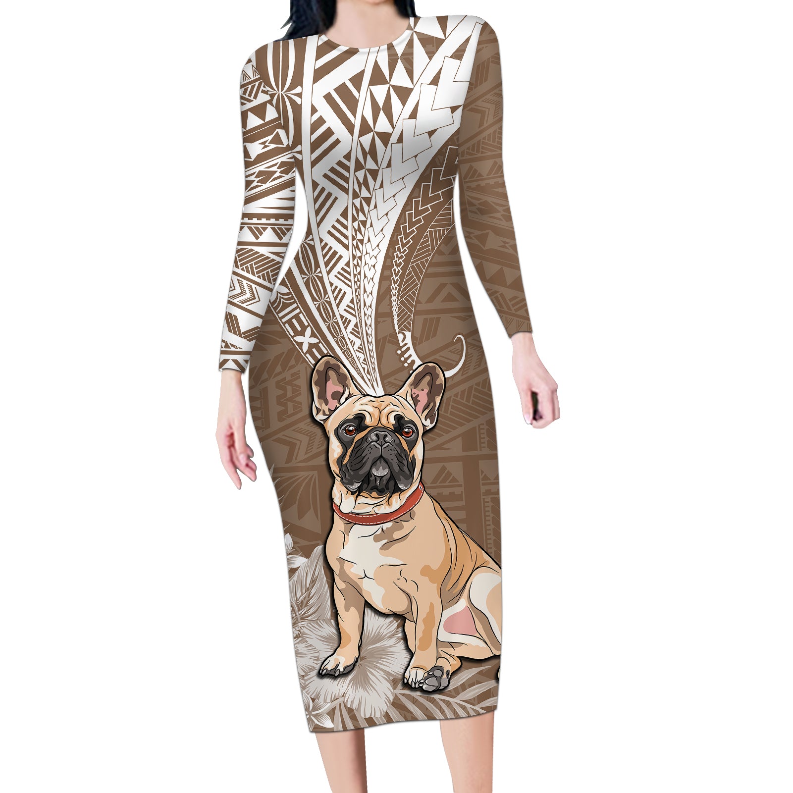 Personalised Polynesian Pacific Bulldog Long Sleeve Bodycon Dress With Brown Hawaii Tribal Tattoo Patterns LT7 Long Dress Brown - Polynesian Pride