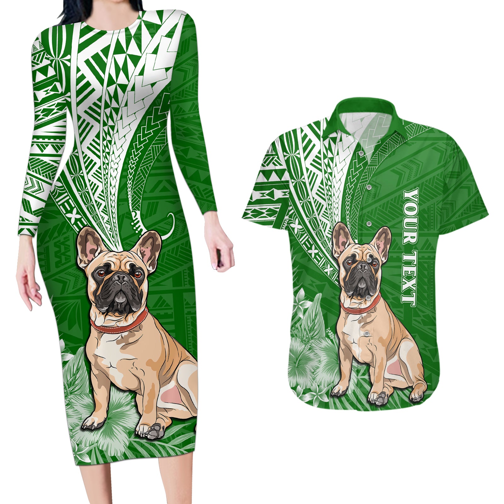 Personalised Polynesian Pacific Bulldog Couples Matching Long Sleeve Bodycon Dress and Hawaiian Shirt With Emerald Hawaii Tribal Tattoo Patterns LT7 Green - Polynesian Pride