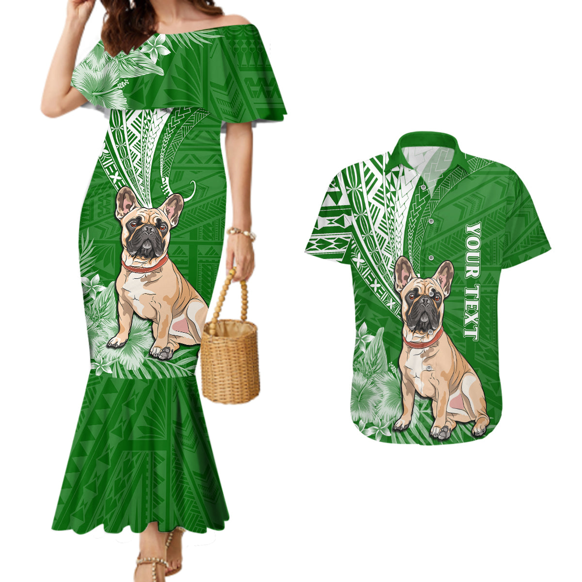 Personalised Polynesian Pacific Bulldog Couples Matching Mermaid Dress And Hawaiian Shirt With Emerald Hawaii Tribal Tattoo Patterns LT7 Green - Polynesian Pride