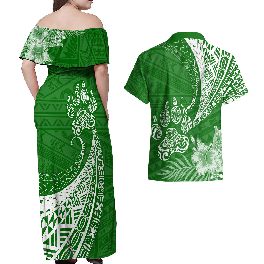 Personalised Polynesian Pacific Bulldog Couples Matching Off Shoulder Maxi Dress and Hawaiian Shirt With Emerald Hawaii Tribal Tattoo Patterns LT7 - Polynesian Pride