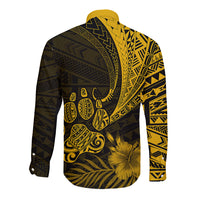 Personalised Polynesian Pacific Bulldog Long Sleeve Button Shirt With Gold Hawaii Tribal Tattoo Patterns LT7 - Polynesian Pride