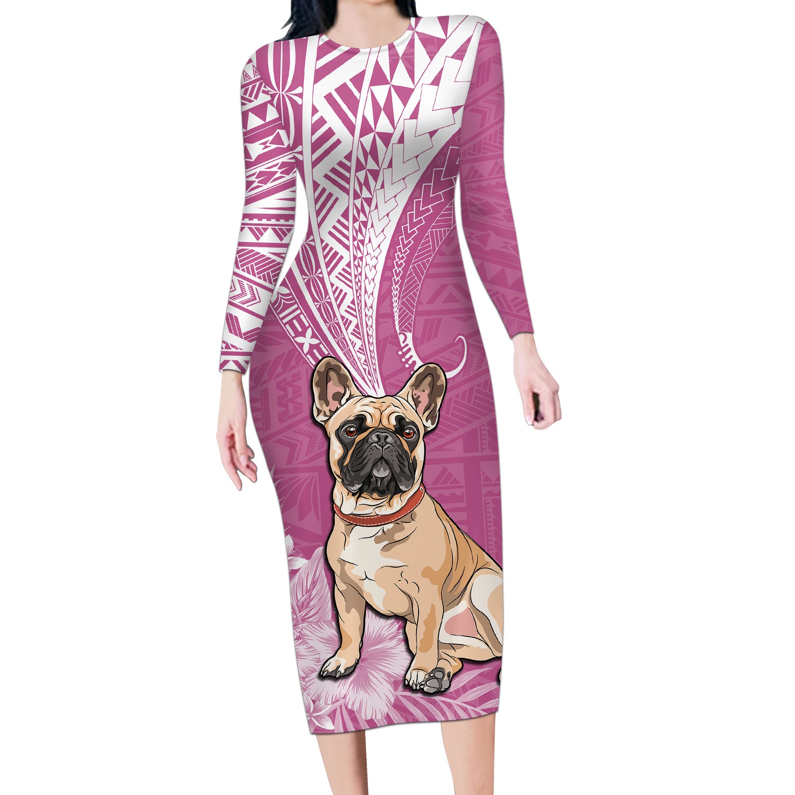 Personalised Polynesian Pacific Bulldog Long Sleeve Bodycon Dress With Pink Hawaii Tribal Tattoo Patterns LT7 Long Dress Pink - Polynesian Pride