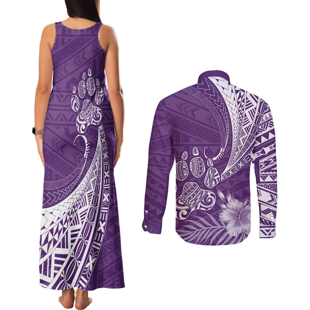 Personalised Polynesian Pacific Bulldog Couples Matching Tank Maxi Dress and Long Sleeve Button Shirts With Violet Hawaii Tribal Tattoo Patterns LT7 - Polynesian Pride