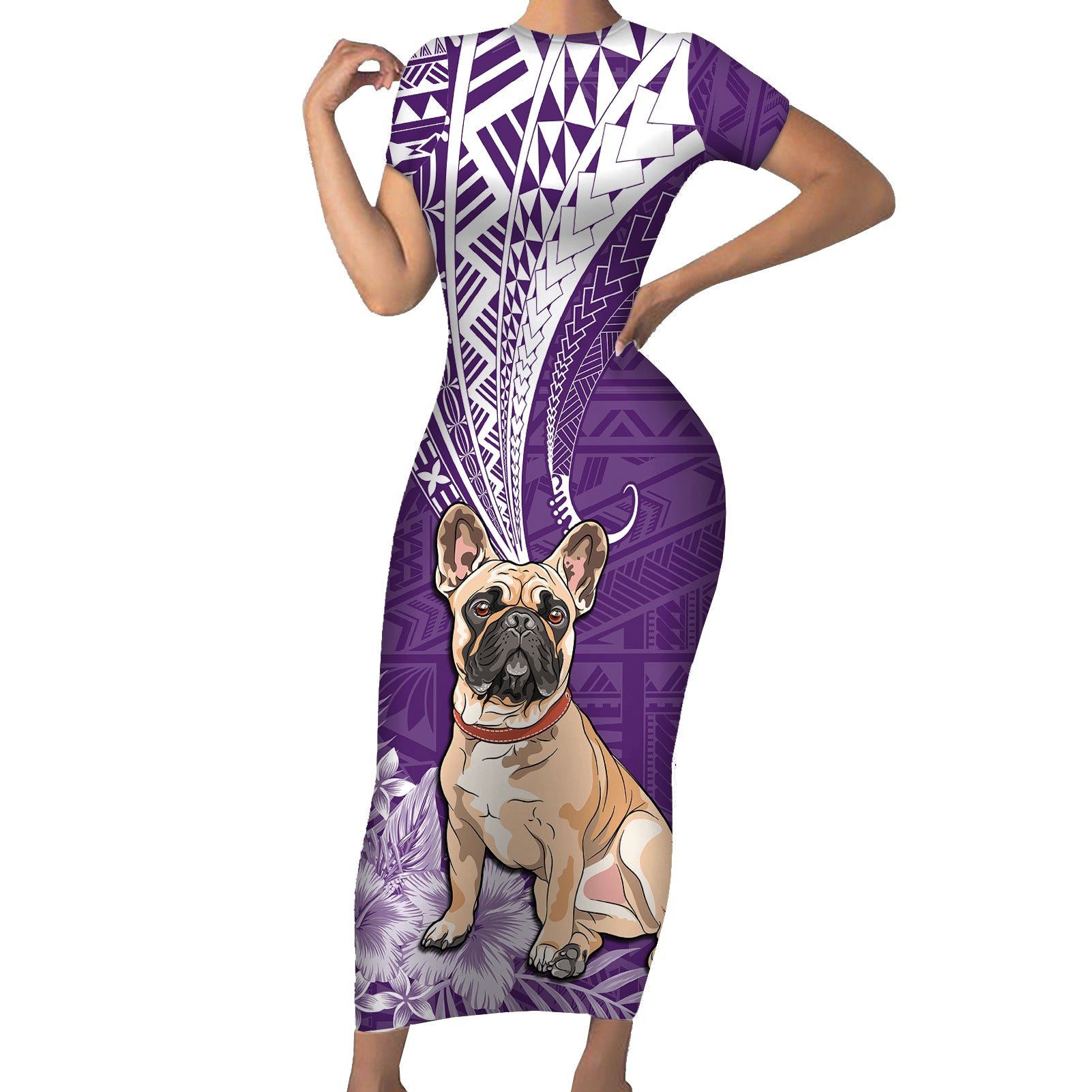 Personalised Polynesian Pacific Bulldog Short Sleeve Bodycon Dress With Violet Hawaii Tribal Tattoo Patterns LT7 Long Dress Purple - Polynesian Pride