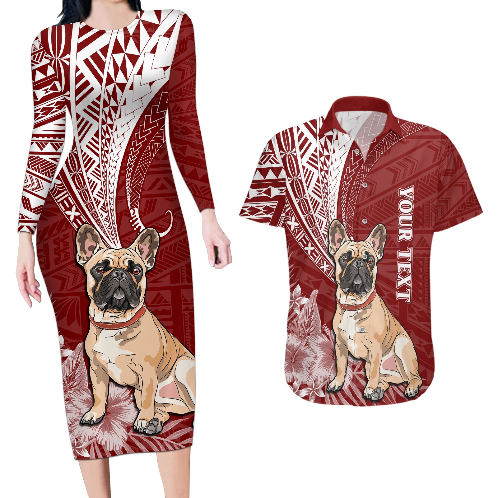 Personalised Polynesian Pacific Bulldog Couples Matching Long Sleeve Bodycon Dress and Hawaiian Shirt With Red Hawaii Tribal Tattoo Patterns LT7 Red - Polynesian Pride