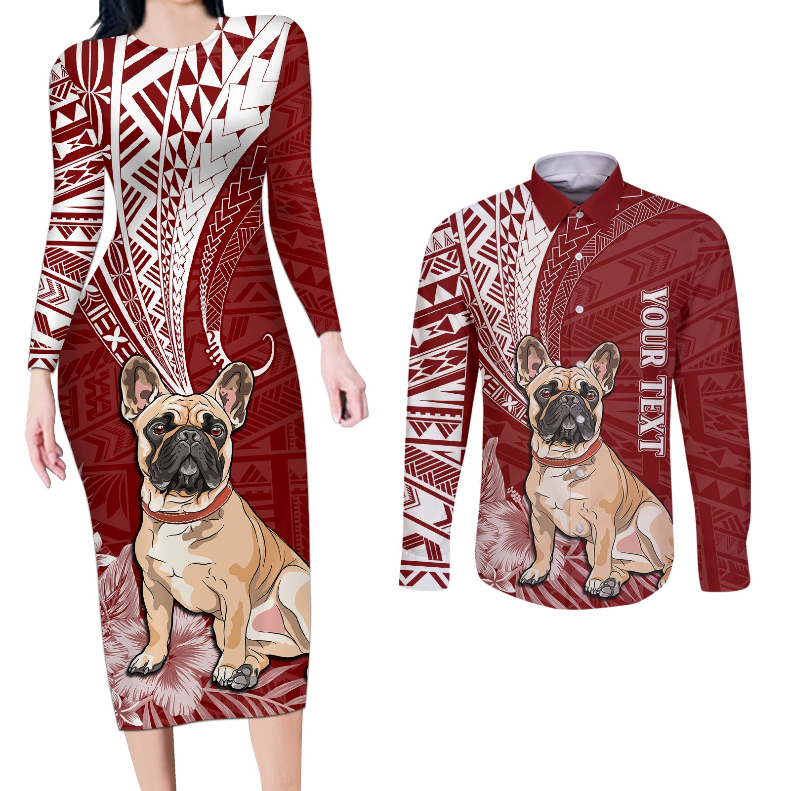 Personalised Polynesian Pacific Bulldog Couples Matching Long Sleeve Bodycon Dress and Long Sleeve Button Shirts With Red Hawaii Tribal Tattoo Patterns LT7 Red - Polynesian Pride