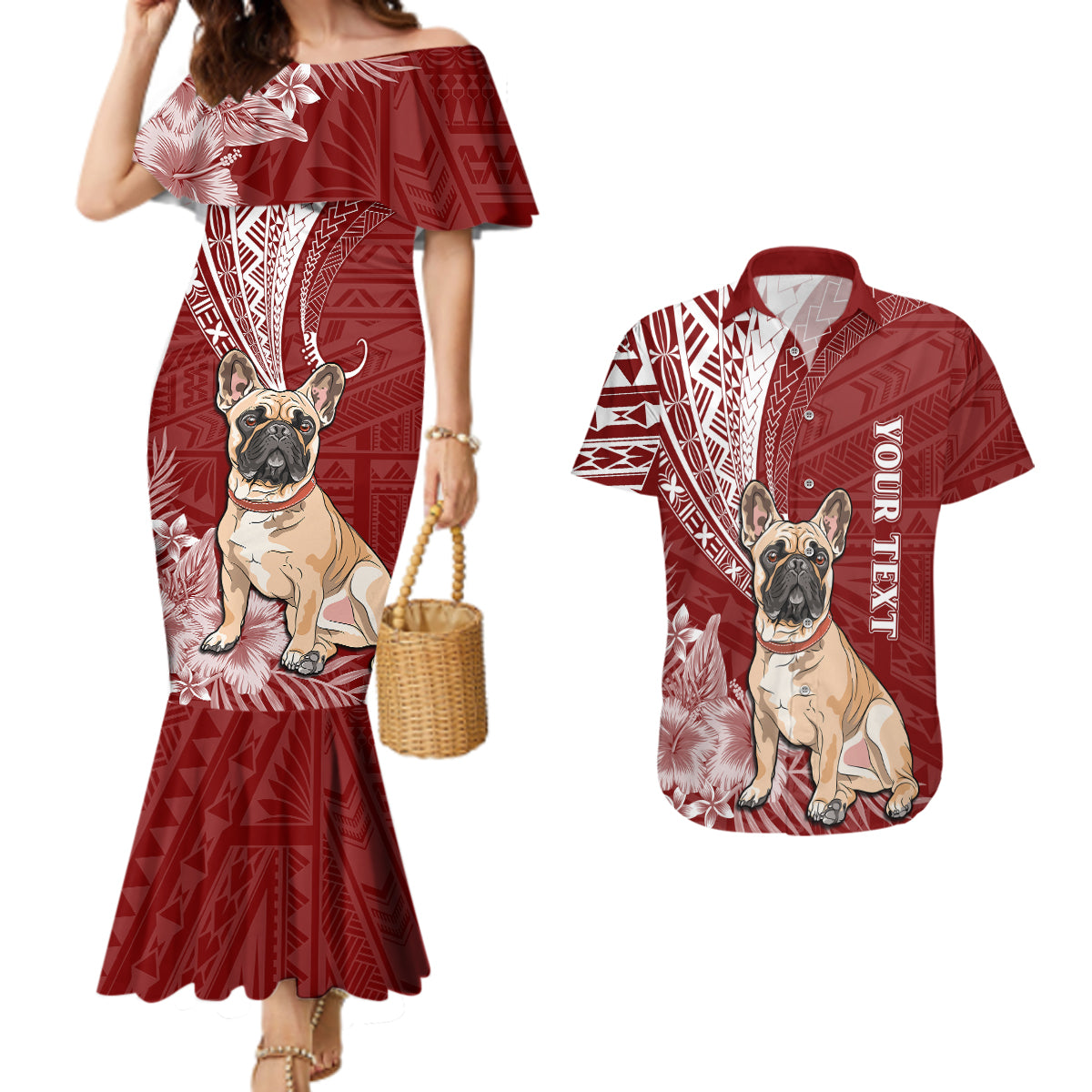 Personalised Polynesian Pacific Bulldog Couples Matching Mermaid Dress And Hawaiian Shirt With Red Hawaii Tribal Tattoo Patterns LT7 Red - Polynesian Pride