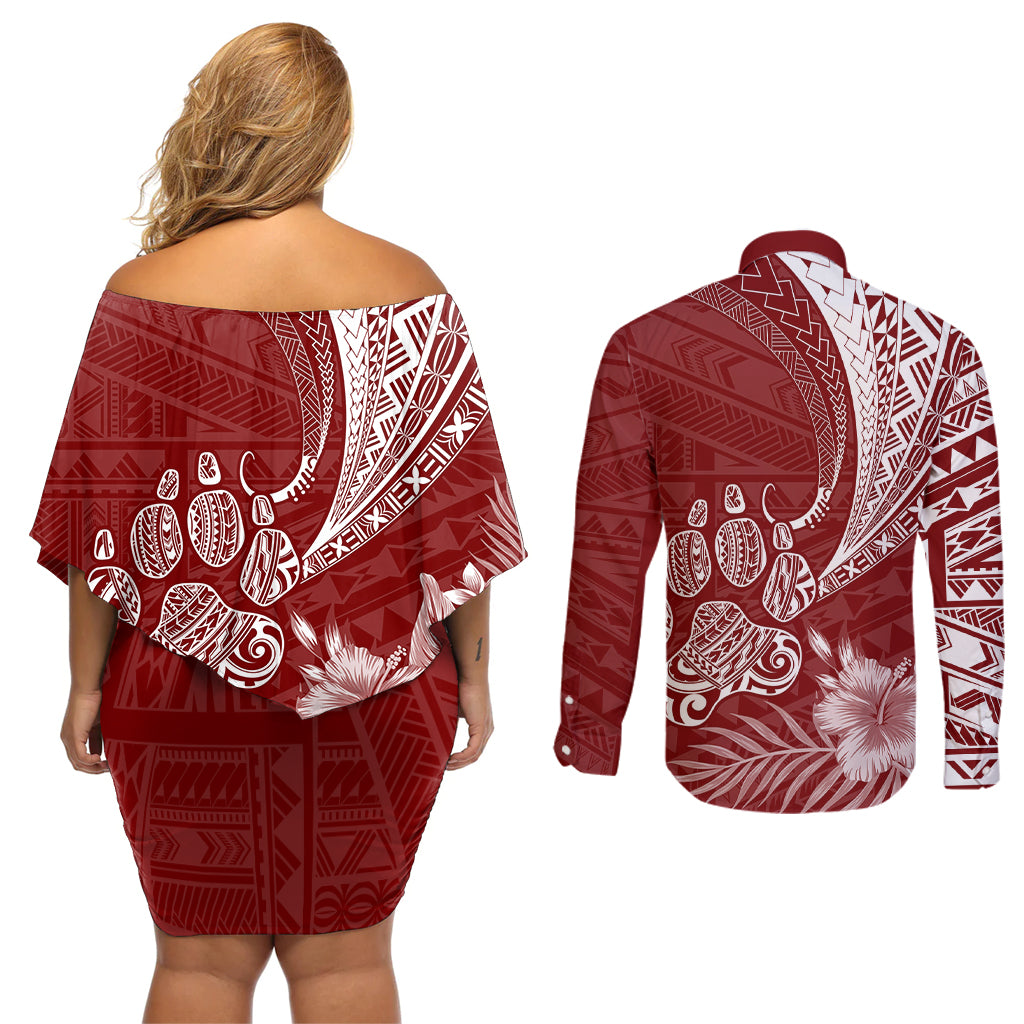 Personalised Polynesian Pacific Bulldog Couples Matching Off Shoulder Short Dress and Long Sleeve Button Shirts With Red Hawaii Tribal Tattoo Patterns LT7 - Polynesian Pride