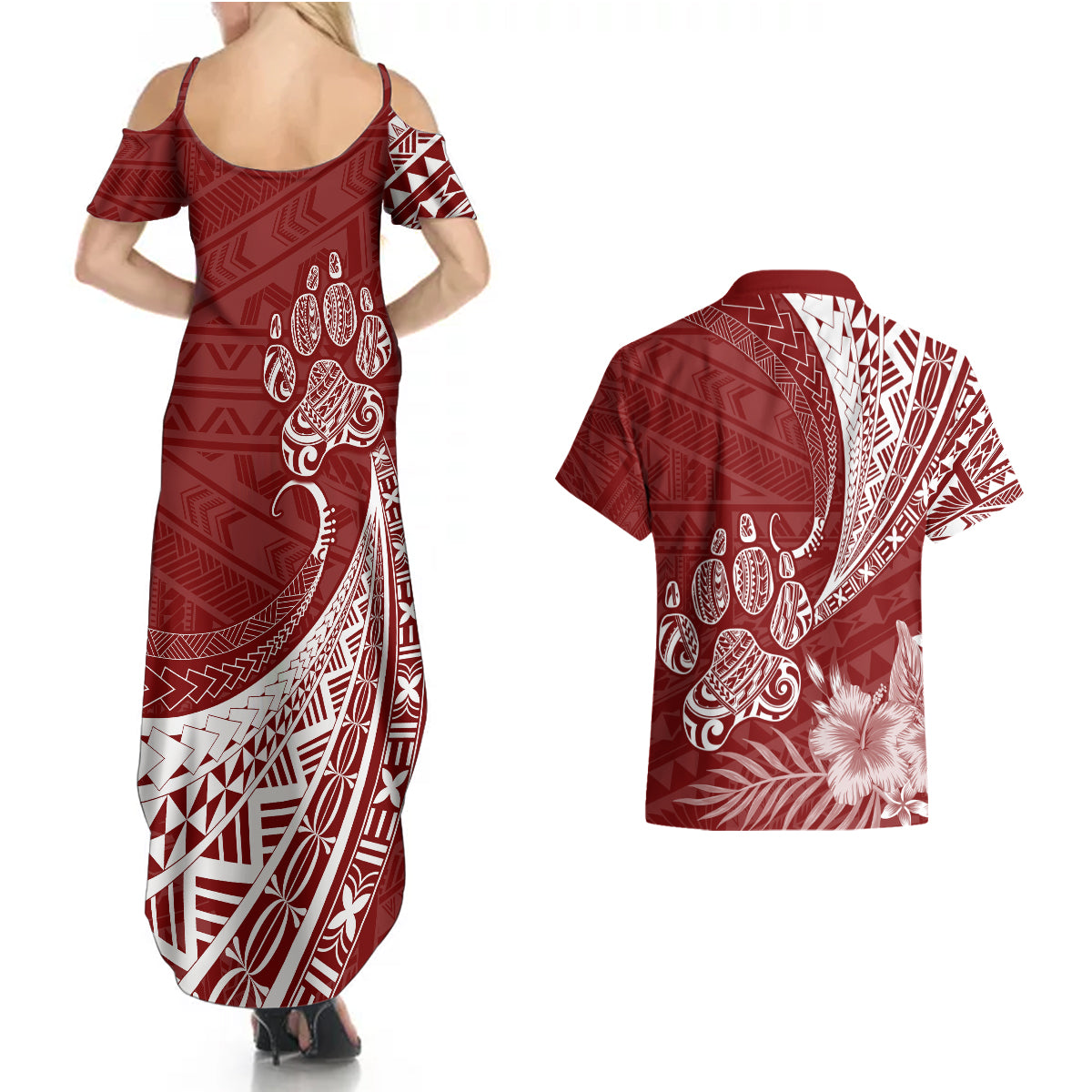 Personalised Polynesian Pacific Bulldog Couples Matching Summer Maxi Dress and Hawaiian Shirt With Red Hawaii Tribal Tattoo Patterns LT7 - Polynesian Pride
