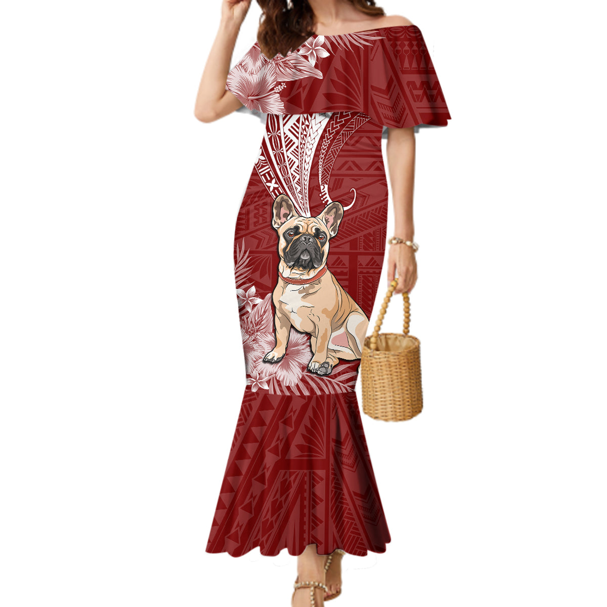 Personalised Polynesian Pacific Bulldog Mermaid Dress With Red Hawaii Tribal Tattoo Patterns LT7 Women Red - Polynesian Pride