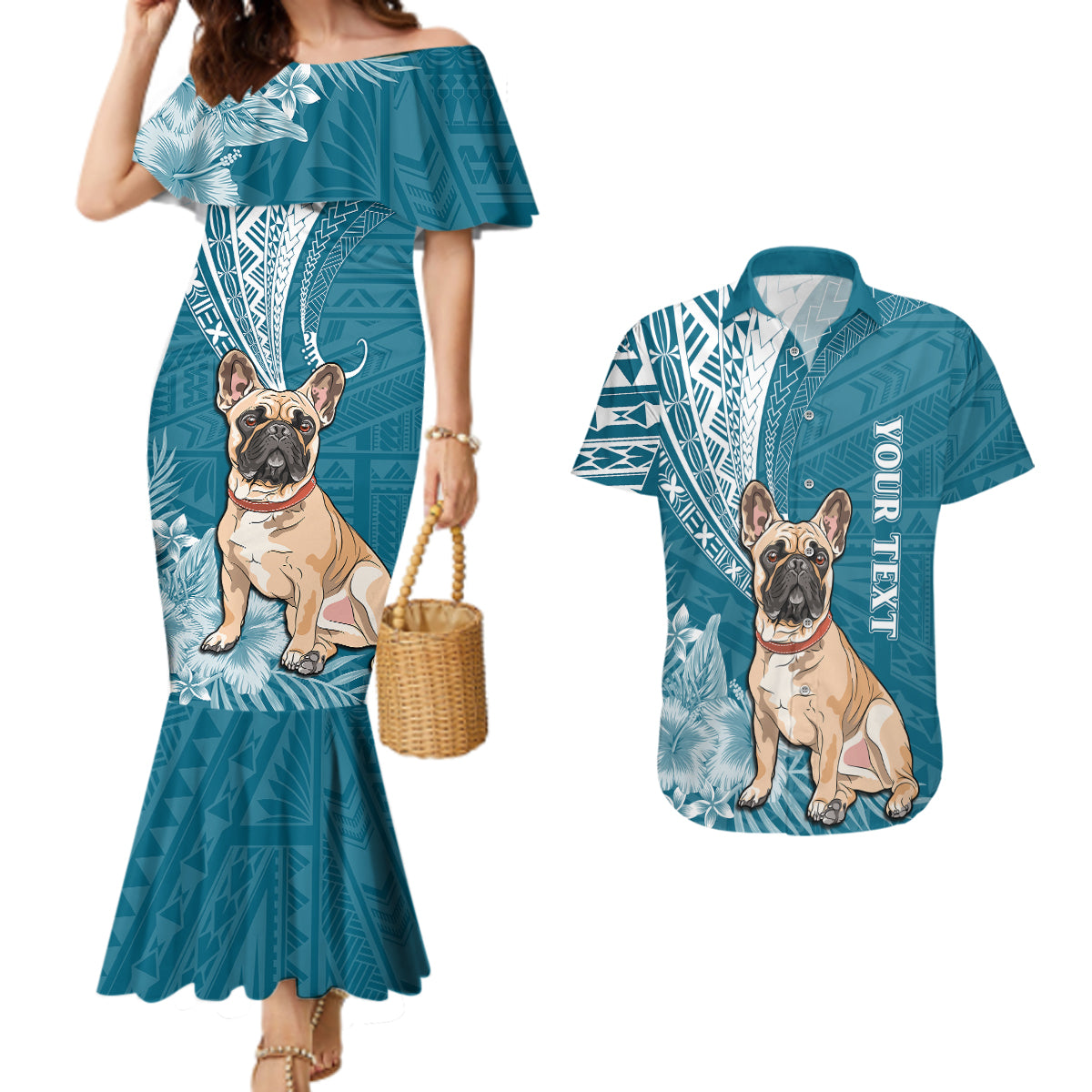 Personalised Polynesian Pacific Bulldog Couples Matching Mermaid Dress And Hawaiian Shirt With Teal Hawaii Tribal Tattoo Patterns LT7 Teal - Polynesian Pride